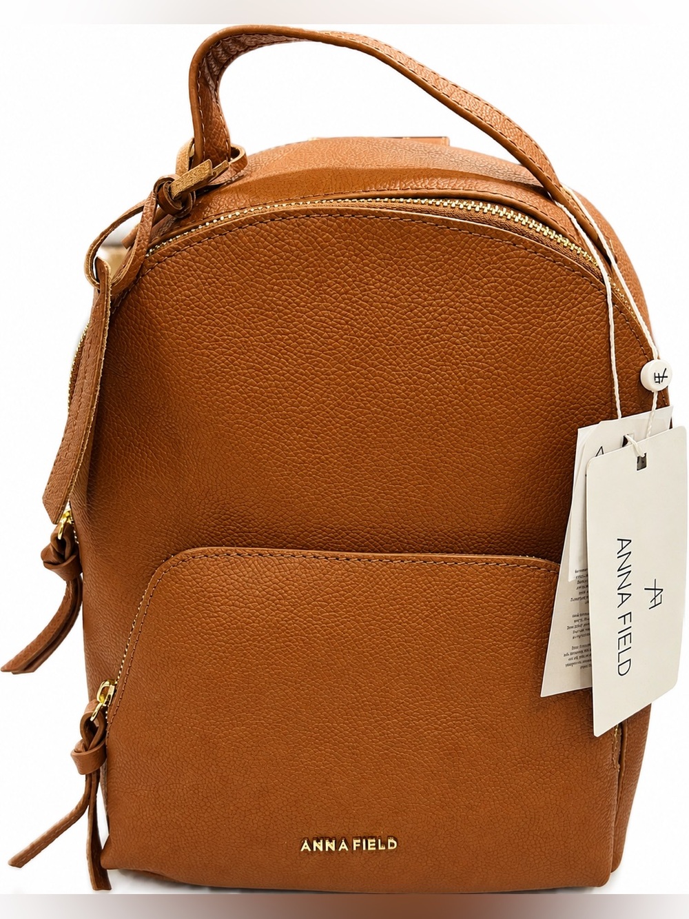 NWT Anne Field Cognac Pebble Leather Backpack Bag w/Zippered Closures